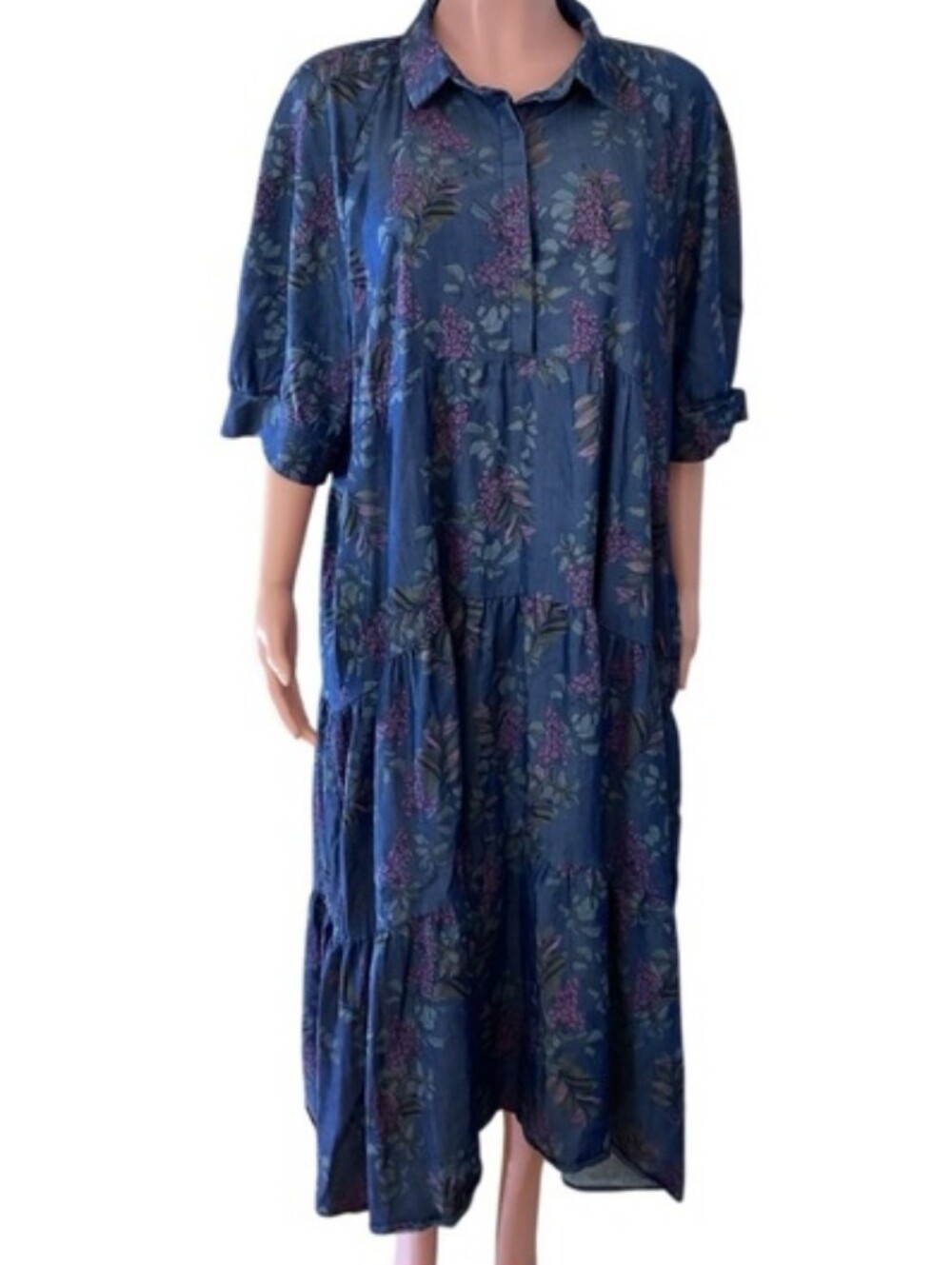 Natural Life Rebecca Tiered Shirt Dress Floral Prarie Cottage XXL Blue Purple - Picture 3 of 5